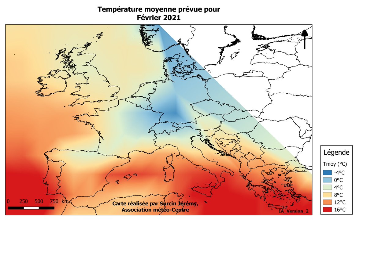 Pticumulus's tweet photo. Les prévisions pour février 2021 prévu par l’IA du 13 novembre (date de la dernière simulation). Température prévue entre -0.08°C (version n°1) et -0.19°C (version n°2). Côté précipitation nous seront dans la normale entre +3% (version n°1)  et +10.5% (version n°2) sur la France. https://t.co/mn6kooCYd3