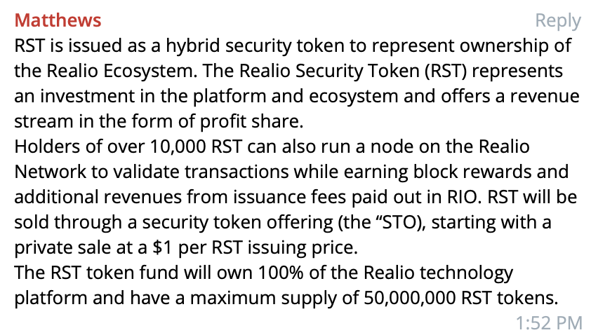  $RST Token- Security token that gives equity to people, like NEXO- RST owners can also run nodes