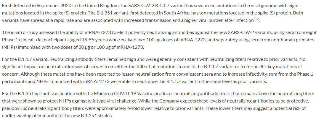 CBCAlerts's tweet photo. Moderna says studies suggest that its COVID-19 vaccine protects against the variants 1st identified in the U.K. and South Africa. It appears to be less effective against the South African variant, so the company is developing an alternate version for booster shots. From Moderna: https://t.co/YBJnrPwH2T
