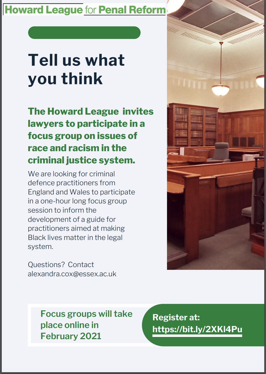 Criminal defence practitioners from England and Wales are invited to take part in a focus group session on race and racism in the criminal justice system.

It will help us to develop a guide aimed at making sure that Black lives matter in the legal system: bit.ly/2XKl4Pu