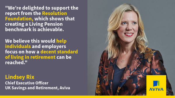 We're proud to be working with <a href="/resfoundation/">Resolution Foundation</a> and <a href="/LivingWageUK/">Living Wage Foundation</a> to build a 'Living Pension' concept 👉 at.aviva.uk/LivingPension

Aviva's <a href="/lindsey_rix/">Lindsey</a> said: "We believe this would help individuals and employers focus on how a decent standard of living in retirement can be reached."