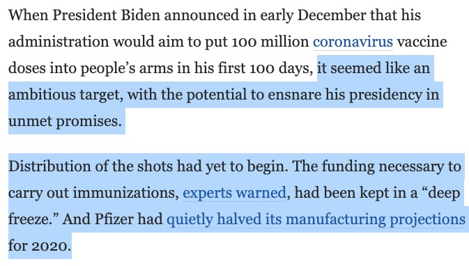 To his credit, he starts off stating a key point: When Biden originally targeted 100M in 100 days, it seemed like an extremely high bar: