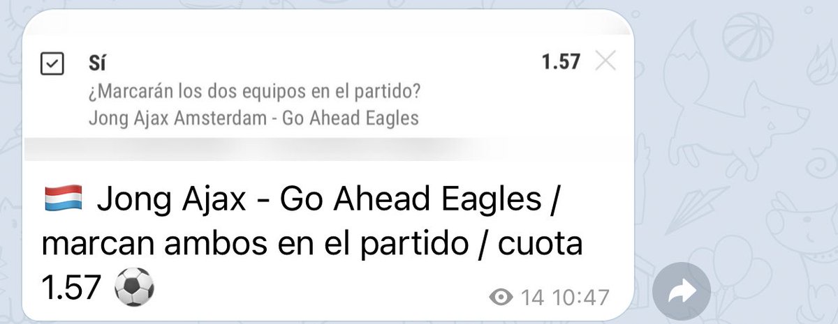 Vamos con esta para hoy ⚽️
Jong Ajax - Go Ahead Eagles 
marcan ambos en el partido 
Cuota 1.57
Stake 1.5 
👀🥇

En telegram tenemos dos más para hoy , a que esperar para unirte gratis.. 

t.me/tipsgalicia