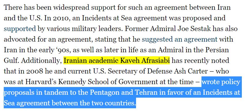 9)Back in August 2016 following Obama’s nuclear deal with  #Iran, NIAC published an article specifically citing Afrasiabi in its arguments & calling for further U.S./Tehran agreements. https://www.niacinsight.com/2016/08/04/time-is-ripe-for-an-incidents-at-sea-agreement/