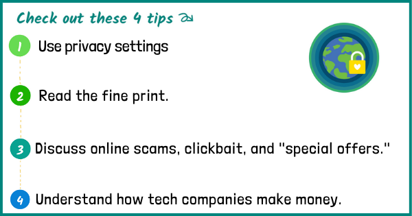 CommonSenseEd's tweet photo. With tips on how to avoid scams and protect their personal data, tweens and teens can travel all over the digital world -- and still be in charge of their digital footprints. #privacy #digcit #familyengagement https://t.co/kDglCt4M2s