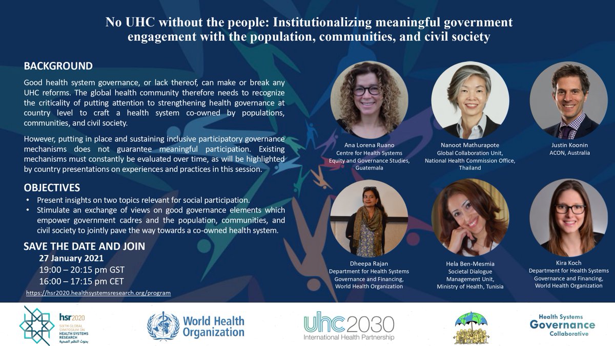 Are you registered for the #HSR2020 this year?  Phase 2 has already started -- please join our main programme session "No UHC without the people: institutionalizing meaningful government engagement with populations, communities, and civil society" this Wed. 27 Jan 4-5:15pm CET