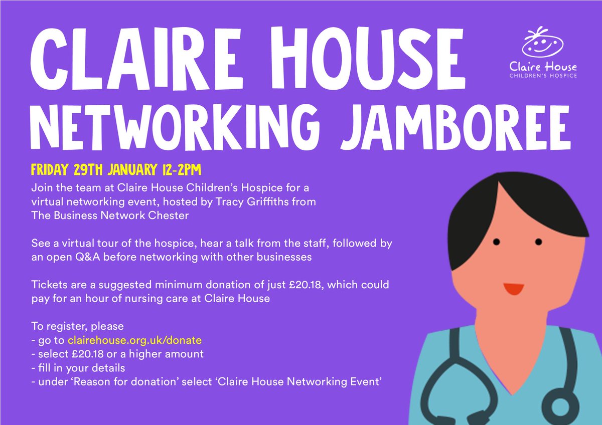 tvsJoshWH's tweet image. Only two more days to register for @ClaireHouse  networking event! To register:

- go to clairehouse.org.uk/donate/ 
- select an amount to donate (suggested £20.18 could fund a nurse's hour)
- fill in your details 
- under ‘Reason for donation’ select ‘Claire House Networking Event’