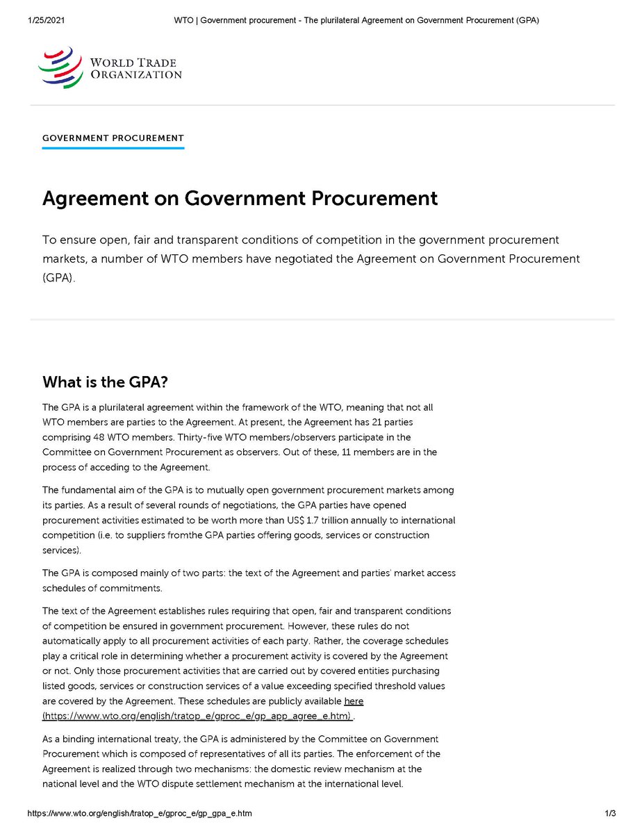 As President Biden unveils his Executive Order re the #BuyAmerica Act, it's worth reviewing the US' obligations under the WTO's Agreement on Government Procurement. Forty two of the 164 members of the WTO are signatories to the agreement: wto.org/english/tratop… ⬇️