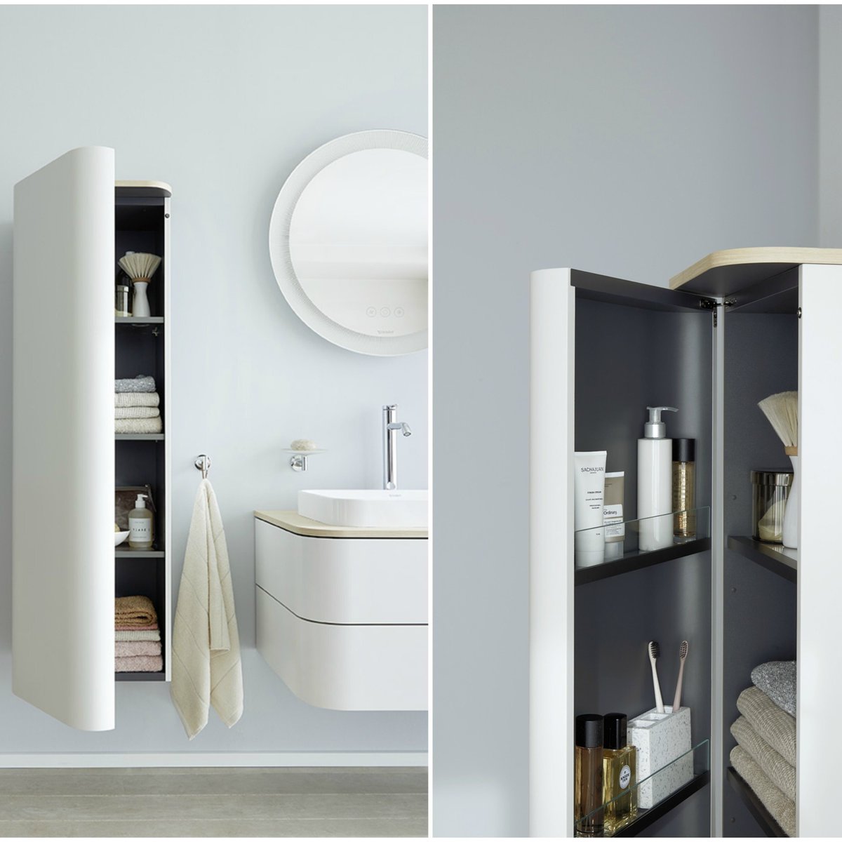 Duravit's tweet photo. You can never have enough storage! Featuring generous shelf space, our #HappyD2Plus #cabinets are perfect for keeping everyday essentials accessible and ensure a clean, clutter-free #bathroom. Available in tall or semi-tall sizes. https://t.co/TzrTwgqQDP https://t.co/eTQ32bPjW7