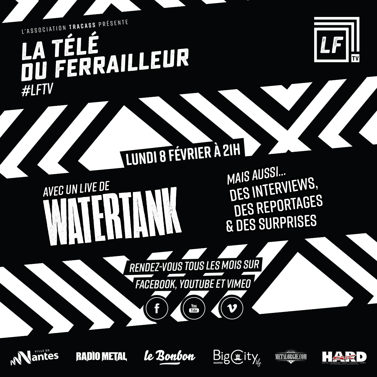 #LFTV ⬜⬛ La Télé du Ferrailleur c'est une nouvelle émission musicale produite par l'association nantaise Tracass. 

Tous les mois : plus de 1h de contenu avec un groupe en live dans notre arène créée pour l’occasion, des interviews, des reportages et des infos musicales.