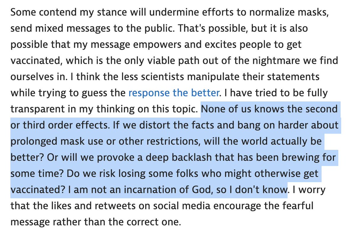 But many on twitter wish to imagine second order effects of the true message getting outHow will this work? What are the unintended consequences of the messaging? Etc.Uh oh, I don't think we should play this game again, scientists.I really don't; we are not good at this