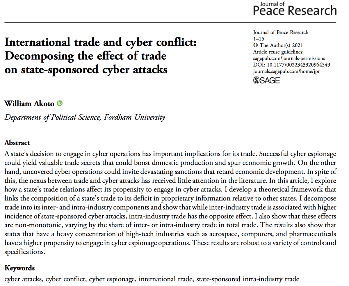 william_akoto's tweet photo. My latest article (my first on the tenure track!) just published at @JPR_journal! I explore how a state’s trade relations affects its propensity to engage in cyber attacks (https://t.co/vtA9WI6FbQ). Grateful to editors, reviewers and colleagues for comments! https://t.co/JlGAQDBoMA
