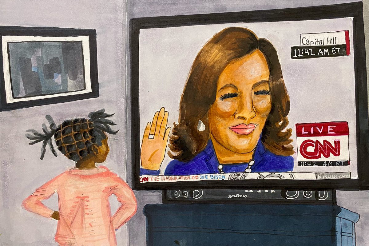 dradinad's tweet photo. @CNNPR @CNN @JoeBiden Madam Vice President - We see you. History made. 💪🏾 My children were watching. Artwork by my 9 year old son Eliot. @VP @CNNPR @CNN #VicePresidentHarris #MadamVicePresident @SecondGentleman #cnn #BlackGirlMagic #Inauguration2021 https://t.co/BKgR57ABIJ