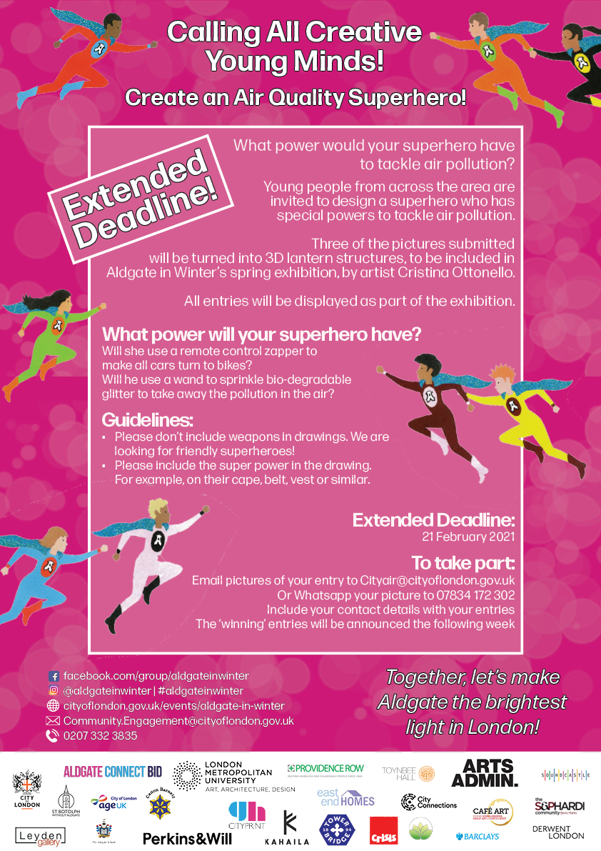 ACEaldgate's tweet photo. **Calling all creative young minds!** Design a superhero for tackling air pollution, and have the chance for your creation to be turned into a giant 3D lantern! Submit your drawings to community.engagement@cityoflondon.gov.uk @BotolphAldgate @AldgateBID @AldgateClub @ELAdvertiser https://t.co/ffI9BUMNBr