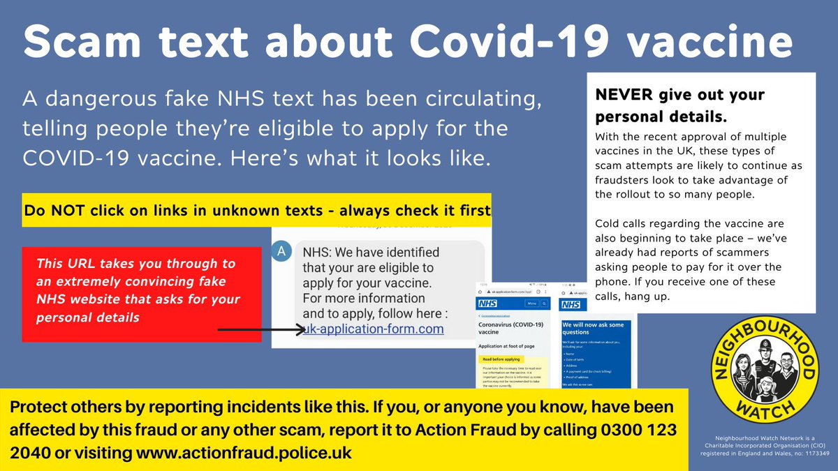 gmpolice's tweet photo. #ScamAlert | A fake NHS text has been circulating telling people that they're eligible to apply for the COVID-19 vaccine. 
❌ Do not click on links in unknown texts
❌ Never give out your personal details
Report to Action Fraud on 0300 123 2040 or https://t.co/2hu3W1PrwJ https://t.co/AmJ8LE2Sb8