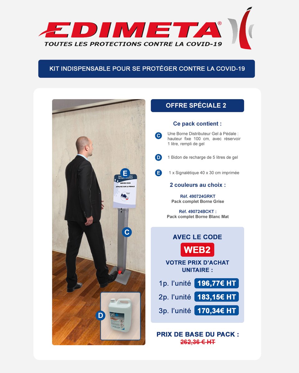 Edimeta's tweet photo. EXCLU WEB PROTECTIONS #COVID19 

Protégez efficacement vos collaborateurs, clients et visiteurs avec notre pack station de désinfection et gel.

Avec le code WEB2 profitez d’une réduction incroyable sur votre prix d’achat unitaire !

Commandez votre pack ➡️https://t.co/0trjEEHXZc https://t.co/24th64VEXN