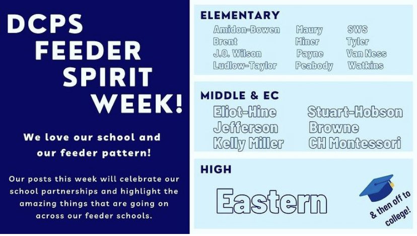 MinerPTO's tweet photo. It’s #feederspiritweek for @dcpublicschools. Why do you love our feeder pattern? @MinerElementary @EliotHine @EasternHS https://t.co/LiCxa0crnV