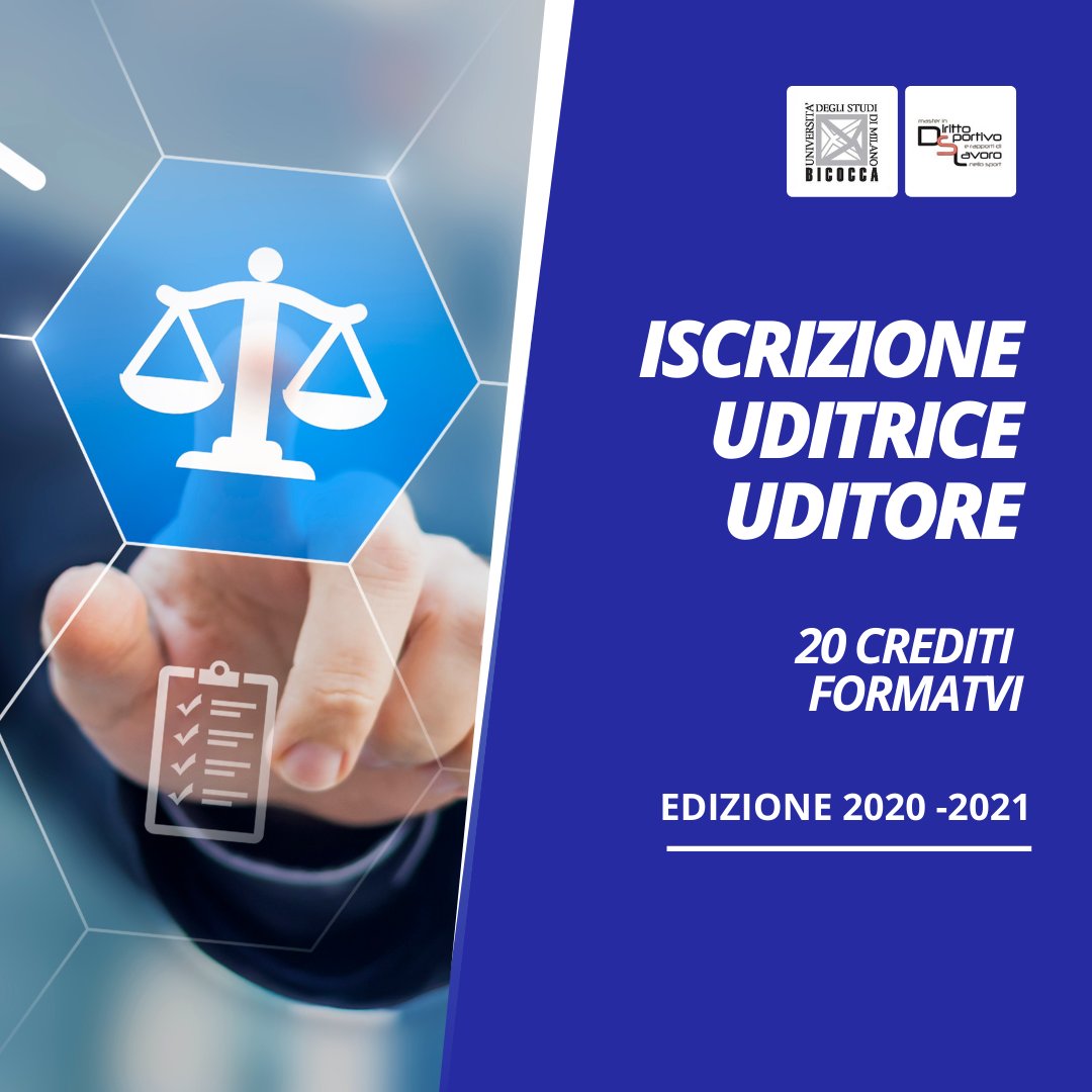 L'iscrizione al Master come uditrice e uditore consente di partecipare all’intero piano didattico (7 aree tematiche). 
Il Master è stato accreditato nelle precedenti edizioni dall'Ordine degli Avvocati di Milano con l’attribuzione di 20 cf.
masterdirittosportivo.it
