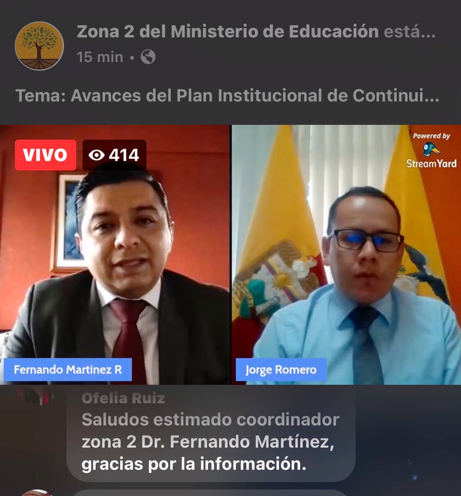 🔴 AHORA | Diálogo Educativo con <a href="/Ferchomr79/">FERNANDO MARTINEZ</a> Coordinador Zonal <a href="/EducacionZ2_Ec/">Educación Zona 2</a> informando a la comunidad educativa sobre los avances del Plan Institucional de Continuidad Educativa PICE. ➡️ facebook.com/EducacionZ2/vi… 
#SíALaEducación #AprendemosJuntosEnCasa