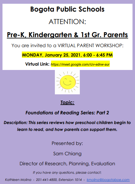 Bogotapreschool's tweet photo. 📚Reading workshop for Pre-K, K & 1st Gr. parents! 📚Tonight @ 6pm @BogotaPublic @BogotaRpet @BogotaSpecial @ERoyBixbySchool @ERoyBixbyPTO #SteenPTO #BogartMemorial #TrinLuthSchool
#foundationsofreading
#readalouds
#ECE
#bogotaparents https://t.co/0iSBR93Tqr