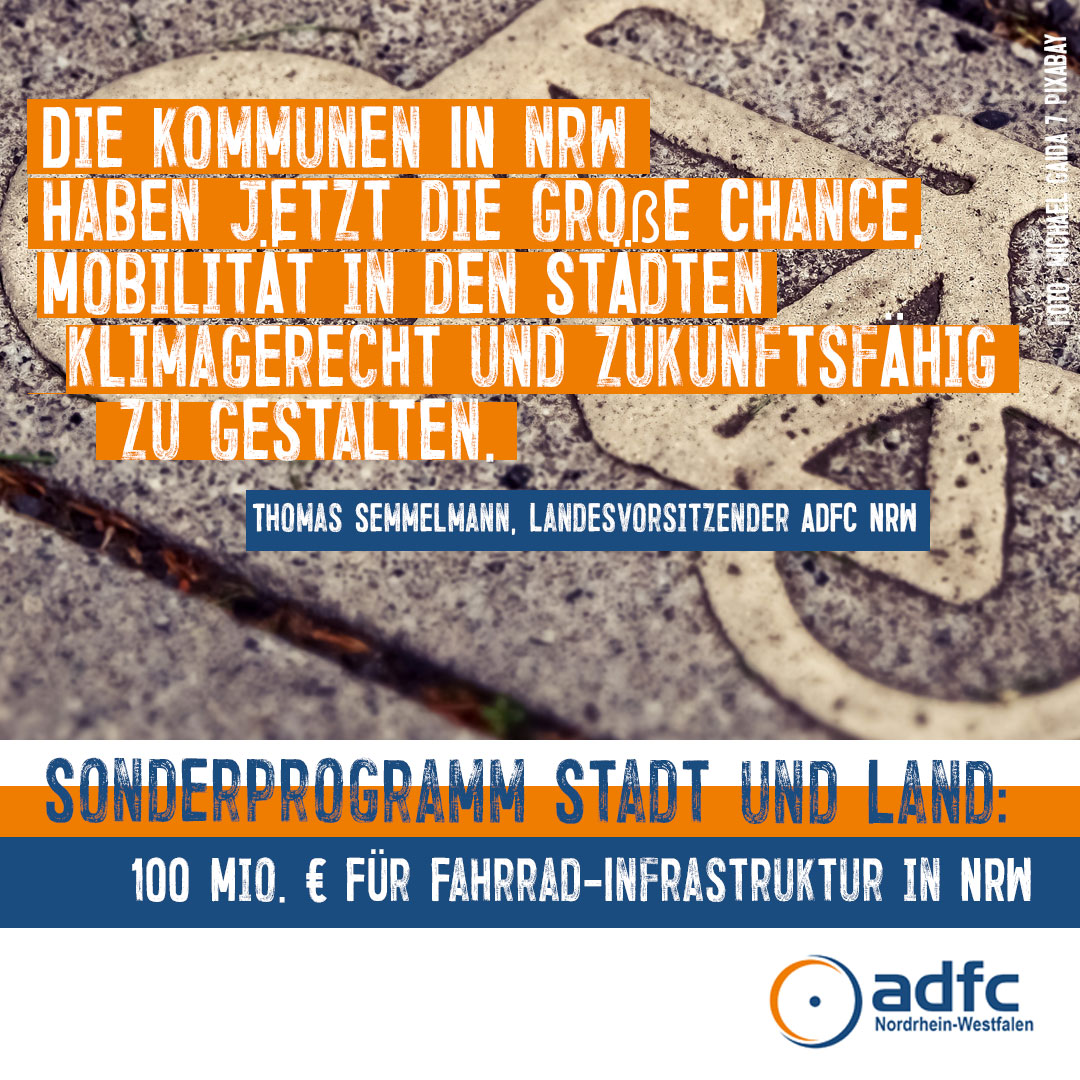 ADFCNRW's tweet photo. Es gibt Geld für #Radinfrastruktur, Baby! 🎉 Allein 100 Millionen € für #NRW aus dem #Sonderprogramm Stadt und Land des Bundes. Jetzt müsen die Kommunen "Gummi geben!" und das Geld zügig auf die Straße bringen. Was sagt ihr? #stadtundland #verkehrnrw #mehrplatzfürsRad https://t.co/8Y06Uz0wO3