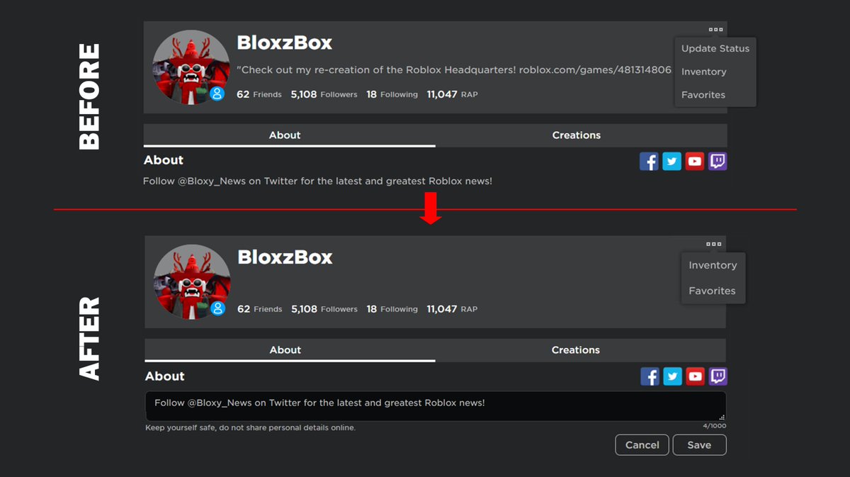 Bloxy News On Twitter A Small Percentage Of Users May See A New Update On The Roblox Profile Page That Allows You To Edit Your About Section Directly From Your Profile Rather - the new follow feature roblox