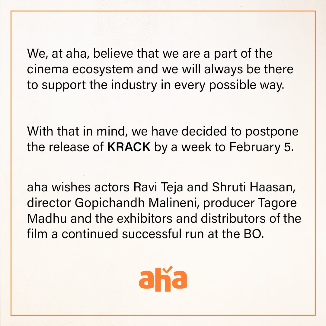 ahavideoIN's tweet photo. #KrackOnAHA

@RaviTeja_offl @shrutihaasan @megopichand @MusicThaman @TagoreMadhu @TheKrackMovie https://t.co/emvw9pUgUb