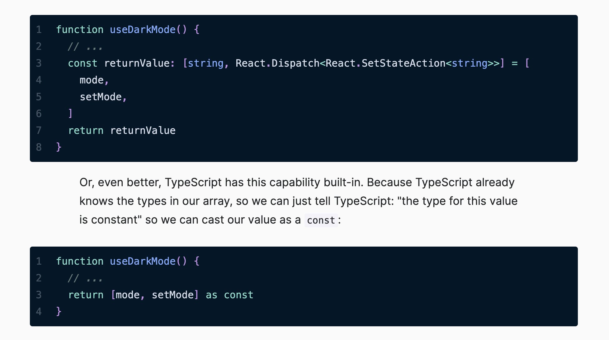 Sebastien Lorber • ⚛️ ThisWeekInReact.com 📨 on Twitter: "A 2nd TypeScript  article has been published by @kentcdodds, about creating a custom  useDarkMode() hook in TypeScript. Highlights a very good use-case of "as