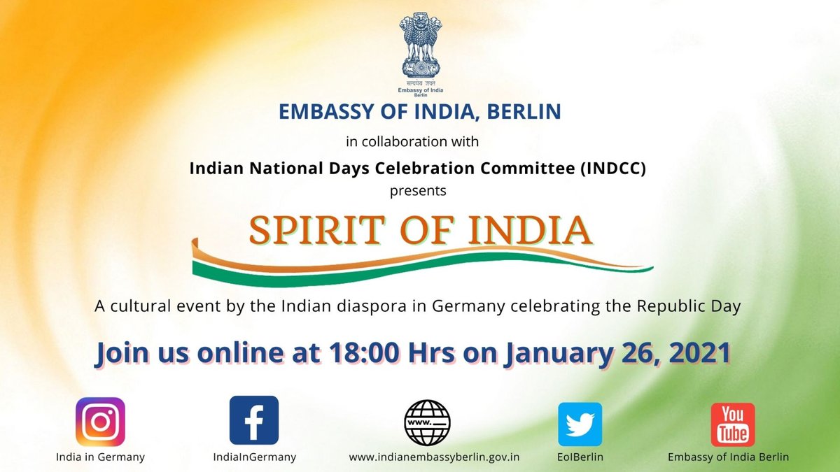 #72ndRepublicDay of 🇮🇳 Celebrations in #Germany

<a href="/eoiberlin/">India in Germany</a> in collaboration with <a href="/IndccBerlin/">INDCC Berlin</a> invites you to a virtual cultural event by the 🇮🇳 community in 🇩🇪 on January 26, 2021 at 1800 hrs CET. Join us online and be a part of the Republic Day celebrations. 
#RepublicDay2021