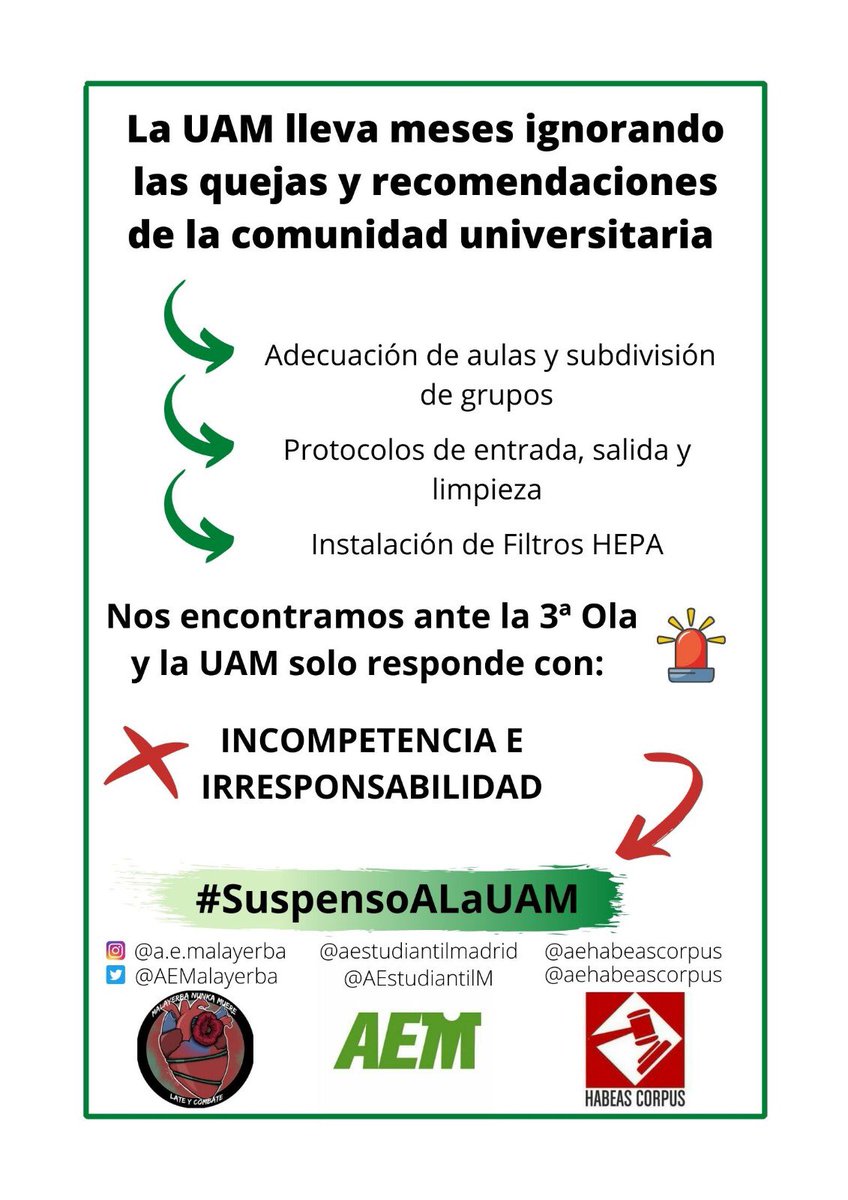#SuspensoALaUAM 😡😡😡 Desde <a href="/AEstudiantilM/">Acción Estudiantil Madrid🌻</a>, las asociaciones <a href="/AEMalayerba/">A.E. Malayerba 🌻</a> y <a href="/aehabeascorpus/">A.E. Habeas Corpus</a> denunciamos la mala gestión llevada a cabo por la <a href="/UAM_Madrid/">UAM Autónoma Madrid</a>, por la falta de previsión y de inversión logística durante la situación sociosanitaria actual
