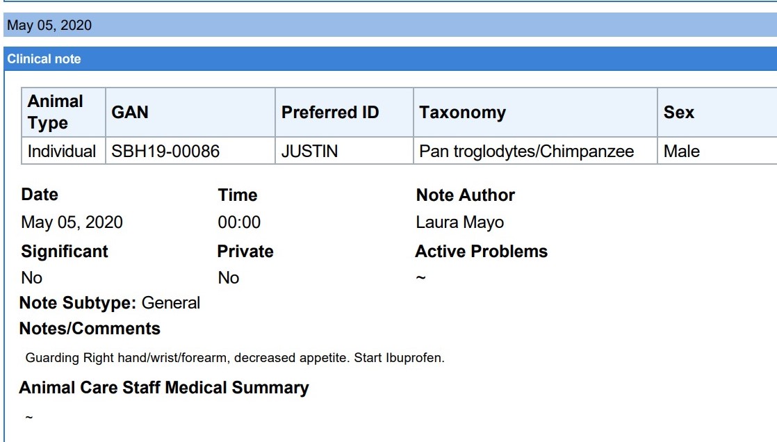 CrystalAlba1's tweet photo. In May, Justin at #ProjectChimps was left w/broken arm for almost a month with no x-rays/diagnostics. He eventually healed enough on his own to resume his routine. A true sanctuary wouldn't leave a possible broken bone unexamined.  Med Records attached. #ChimpsDeserveBetter https://t.co/cyDQHairZG