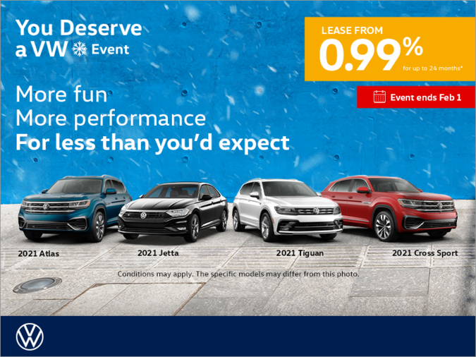 VantageMotorsVW's tweet photo. You Deserve a VW Event | More fun. More performance. For less than you'd expect.

Lease from 0.99% for up to 24 months.

Certain conditions apply. This offer ends on February 1st, 2021. https://t.co/rJuvFxcASX