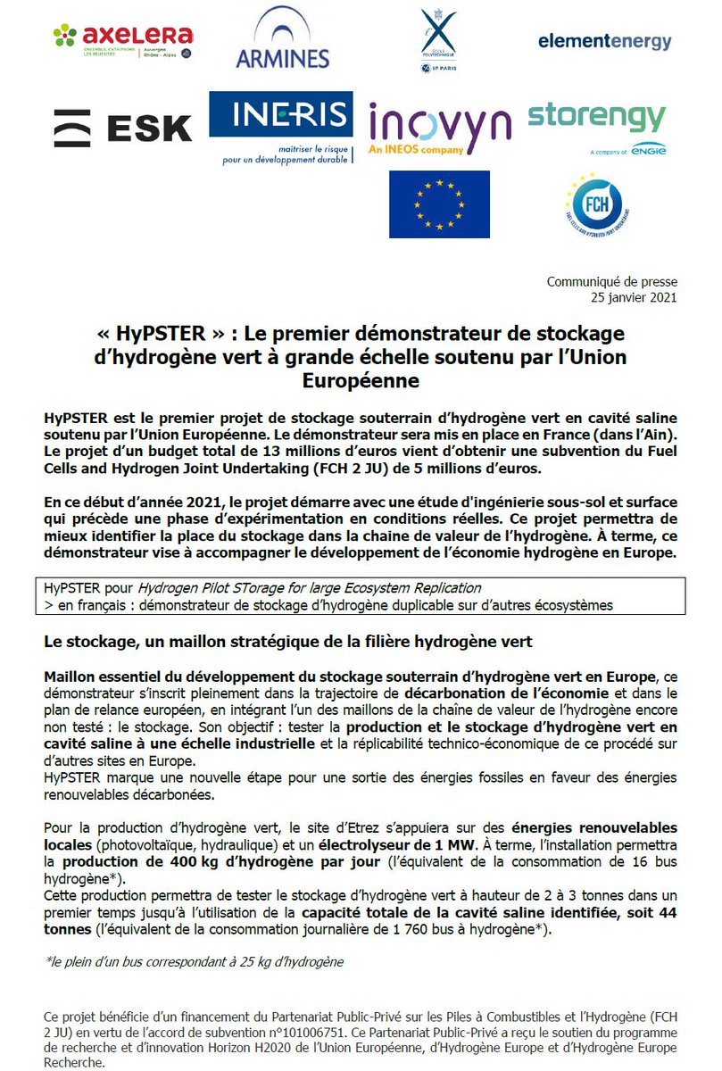 Storengy's tweet photo. Presse | @storengy toujours plus engagé pour le développement de la filière #Hydrogène avec le projet #HyPSTER, 1er démonstrateur de stockage d’#hydrogènevert en #Europe 🇪🇺 avec @fch_ju @axelera_pole @_ARMINES_ @IP__Paris @INERIS_fr @INOVYN_Official @europe https://t.co/NnX814C19w
