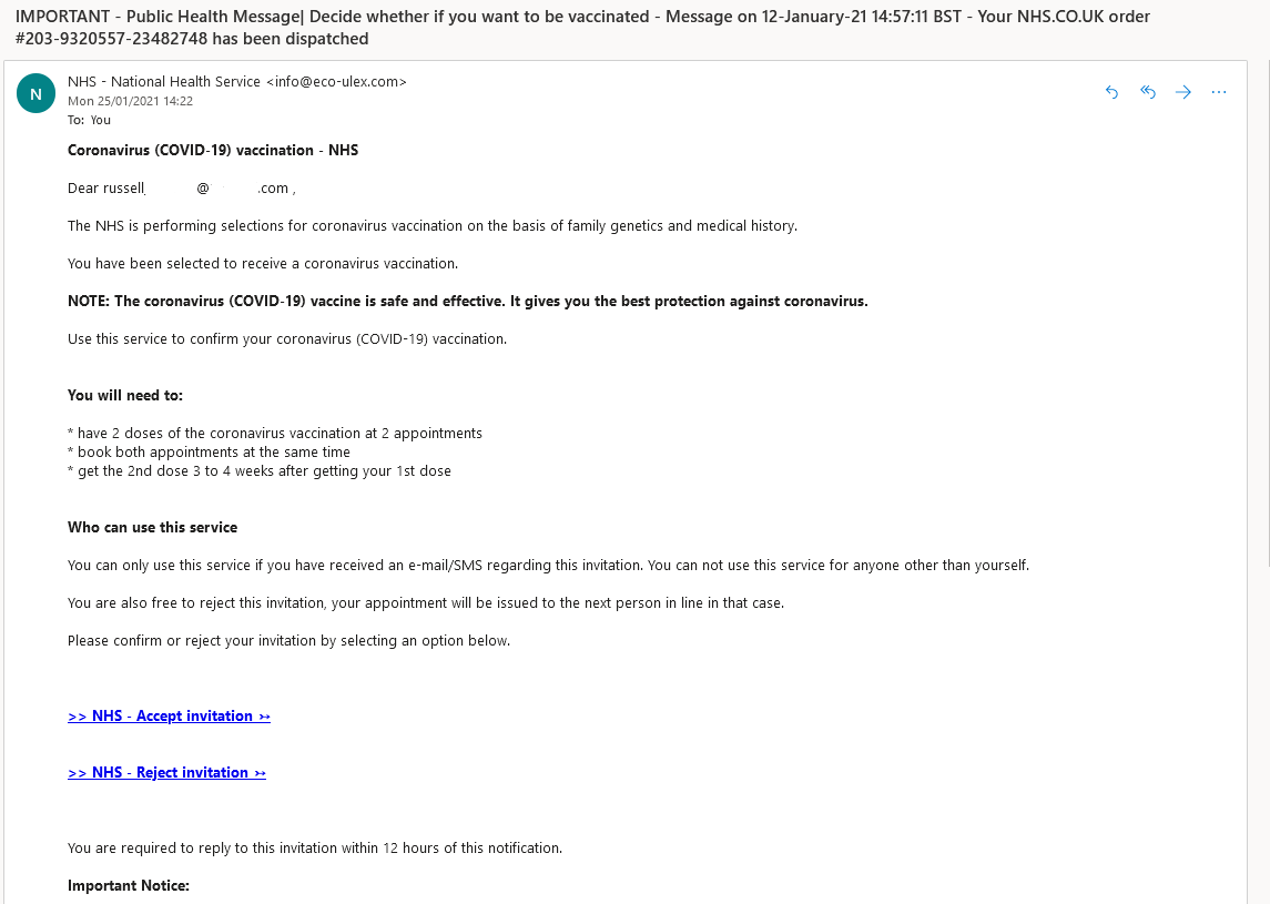 Russell_S_Smith's tweet photo. Received an email today from "@NHSuk" today, offering me a Covid Vaccine - Its fake, be aware people! Info@eco-ulex.com isn't real. Leads you to a NHS looking page which isn't legitimate NHS: https://t.co/y0a9iZVIXd #Scam #Covid19UK #COVID19 @BBCNews @MDUK_News https://t.co/4f93ywCKCC
