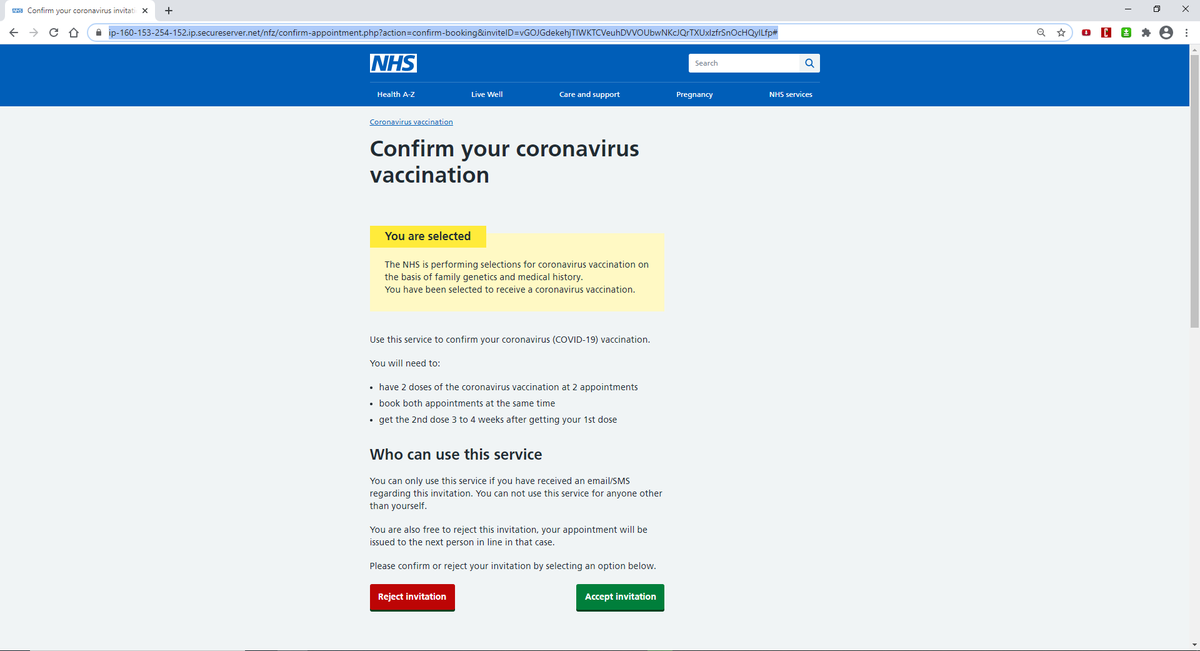 Received an email today from "<a href="/NHSuk/">NHS</a>" today, offering me a Covid Vaccine - Its fake, be aware people! Info@eco-ulex.com isn't real. Leads you to a NHS looking page which isn't legitimate NHS: ip-160-153-254-152.ip.secureserver.net/nfz/confirm-ap… #Scam #Covid19UK #COVID19 <a href="/BBCNews/">BBC News (UK)</a> <a href="/MDUK_News/">Muscular Dystrophy UK</a>