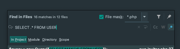 notflip's tweet photo. Only this week I learned that in #PHPStorm, using regex you can fuzzy-search your codebase 👌 https://t.co/VXkKieNQSG