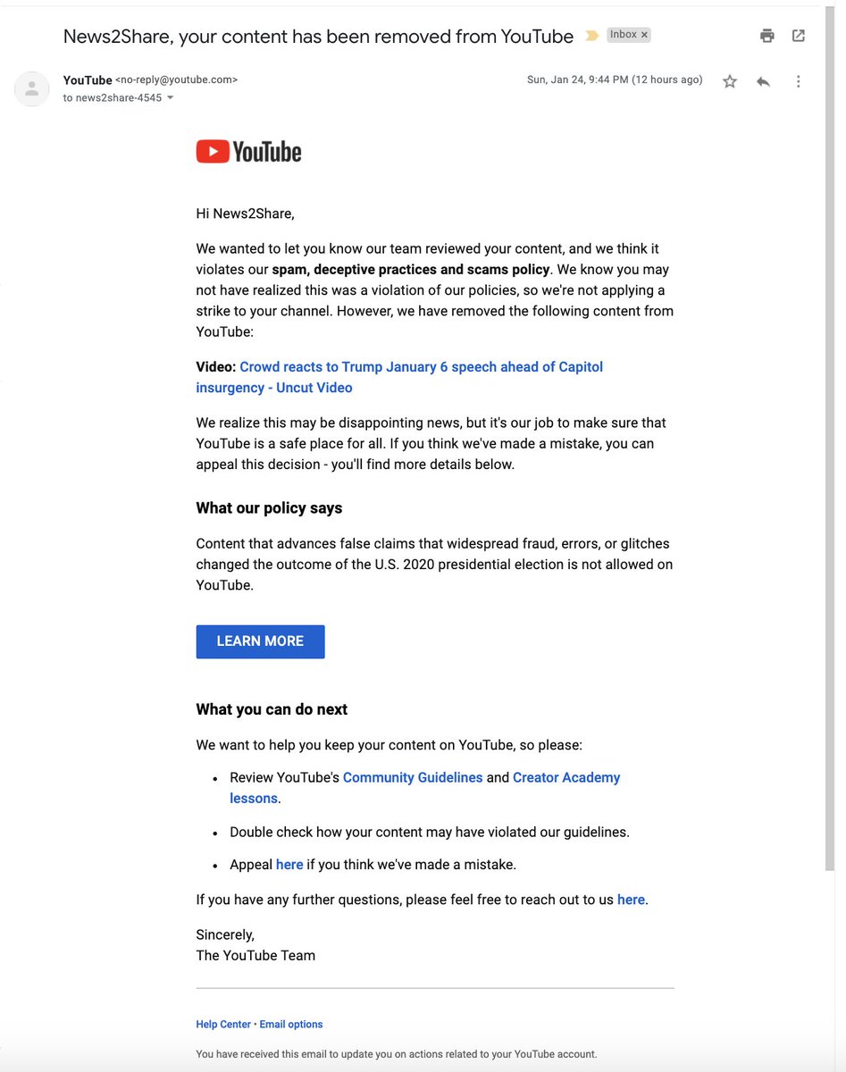Youtube says the video "advances false claims that widespread fraud, errors, or glitches changed the outcome of the U.S. 2020 presidential election." @TeamYouTube is wrong.My video shows the way a crowd reacted as Trump made such claims.