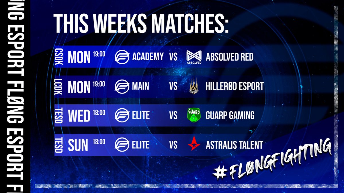 Some exciting matches coming up for us this week! 

Starting tonight with our Academy team playing <a href="/ABSOLVEDGG/">ABSOLVED</a> Red and our Main team facing <a href="/HilleroedEsport/">Hillerød Esport</a> - both at 19:00 CET

#FløngFighting