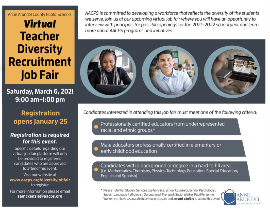We are excited to announce that our Teacher Diversity Recruitment Job Fair, will occur this year virtually, on March 6th! Registration is required and any additional questions should be sent to samckenzie@aacps.org. Sign up and additional info can be found at the link in our bio!