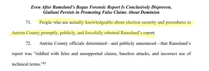 This battle of the experts thing isn't going to help them on their defamation claim, and they know it - which is why they point to the paper ballots. But it's important for them to mention anyway, as part of the public pushback on Ramsland
