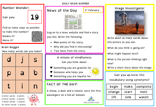 All of the Daily Brain Warmers for February are now up and ready to download for FREE! #freeresources #teaching #teachinginapandemic #homeschooling #dailytasks

senhub.co.uk/daily-brain-wa…