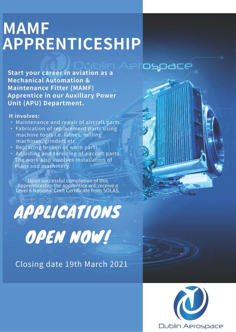 Applications are now open for the Aircraft Mechanic Apprenticeship with Dublin Aerospace, Ireland's largest Aviation Apprentice Employer.

Closing date 19th March 2021.

For more information please see dublinaerospace.com/dublin-aerospa…

#GenerationApprenticeship #MRO #dublinaerospace