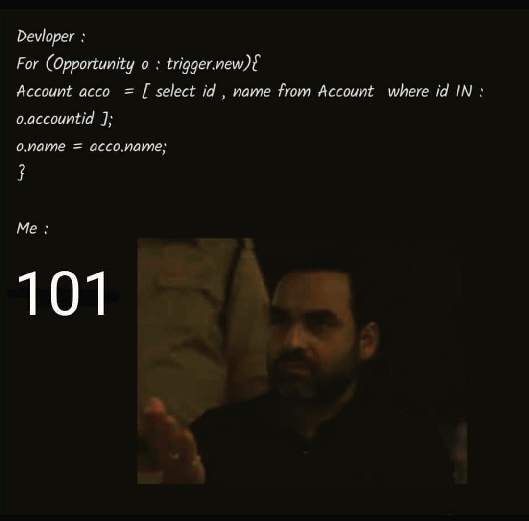 AkashDeepArora1's tweet image. #BeASalesforceChamp
Always avoid SOQL queries inside for loop.😎

#Salesforce #soql #developerlife