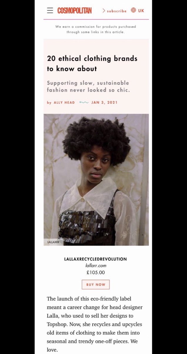 LALLAXRR's tweet image. Super excited to see #LALLAXRR in @Cosmopolitan as one of “20 Ethical clothing Brands to know about” 🌿❤️🙏🏽❤️