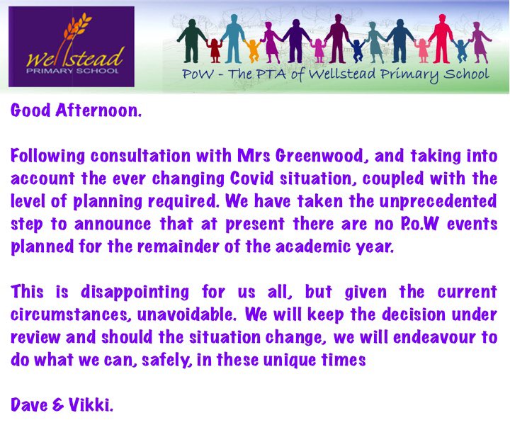 Please see the statement below regarding the remainder of the academic year.....@WellsteadPri