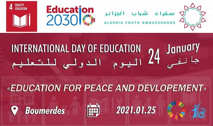 Happy International Education Day for all 

Boumerdes Meeting |  Education for Peace and Development .

#EducationDay  #Education  #AlgeriaYouthAmbassadors #SDG4 #Education2030 #Unesco <a href="/UNALGERIA/">Nations Unies en Algérie</a> <a href="/UNESCO/">UNESCO 🏛️ #Education #Sciences #Culture 🇺🇳</a>