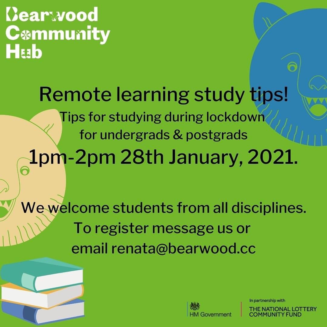 Keep motivated on your uni work.
Meet other local students. Share your tips and learn from others.

Join a 1 hour session on remote learning tips for students at 1pm, 28th January, 2021. 

If you would like to join email renata@bearwood.cc