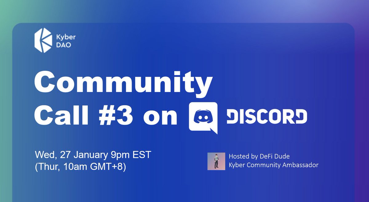With the recent Kyber 3.0 announcement we've got a lot to discuss - join us for the 3rd <a href="/KyberNetwork/">Kyber Network</a> community call in just a few days!

⏰ When: Wednesday, 9pm EST (Thursday, 10am GMT+8) 
🌐 Where: discord.io/KyberNetwork

✨ See you there!