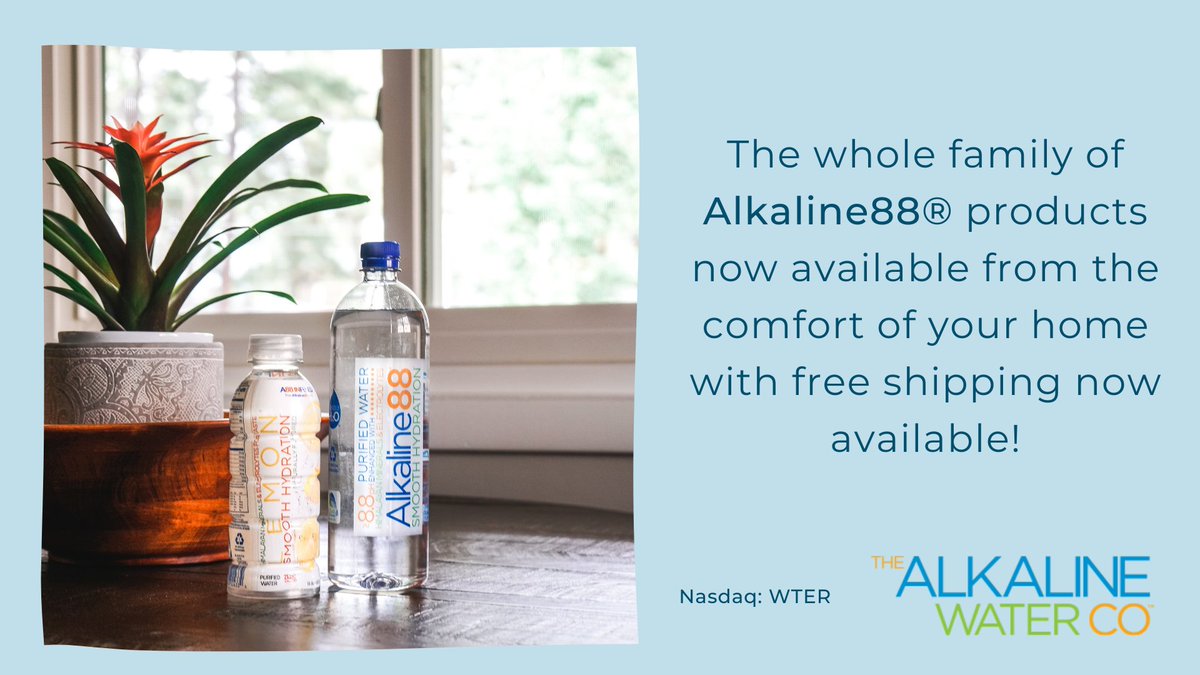 Alkaline88's tweet photo. #Hydration delivered right to your door 🏠 The whole family of Alkaline88® products now available from the comfort of your home with free shipping now available! https://t.co/mPRg5YAl81 $WTER #HelloHydration #Beverage #Water https://t.co/kE5eZudlhy