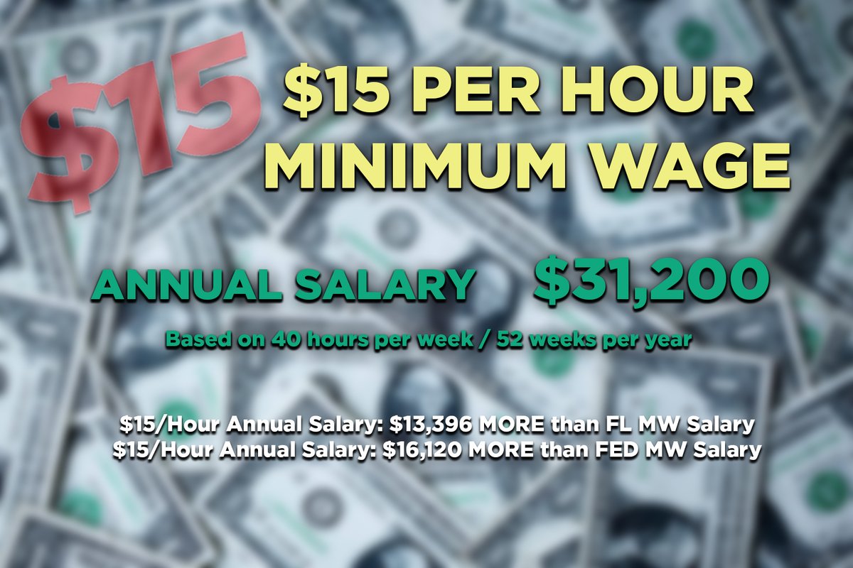 To Compare (using 40 hours per week, pre tax math below):Florida's Current Minimum Wage: $8.56 / hourFL Minimum Wage Annual Salary: $17,804Federal Current Minimum Wage: $7.25 / hourFederal Minimum Wage Annual Salary: $15,080$15 per hour Annual Salary: $31,200